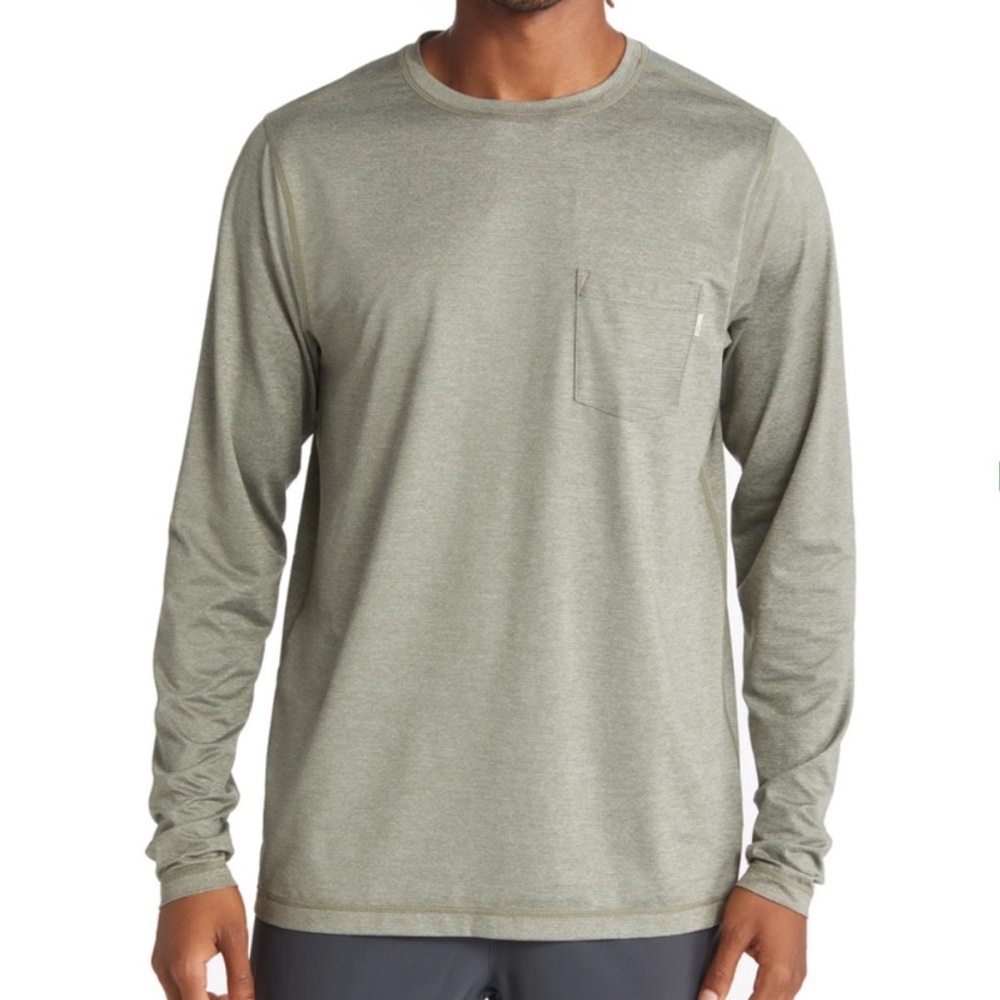 Vuori Men’s Tradewind Performance Long Sleeve Shirt Pocket Mineral Heather Green